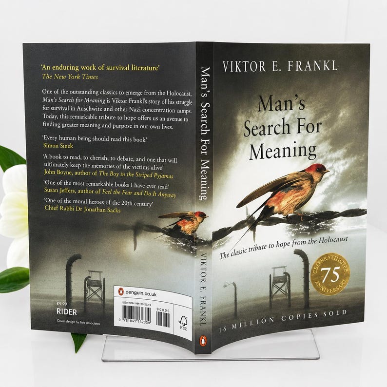 May include: A book titled "Man's Search For Meaning" by Viktor E. Frankl. The cover features a bird perched on a wire, with the title in large, bold letters. The book is a tribute to hope from the Holocaust.