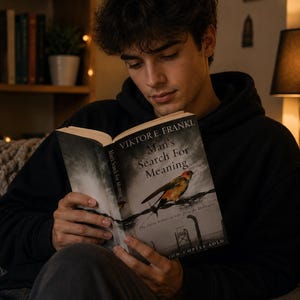 May include: A person reading a book titled "Man's Search For Meaning" by Viktor E. Frankl. The book cover features a bird perched on a wire. The text "The classic tribute to hope from the Holocaust" is also visible.