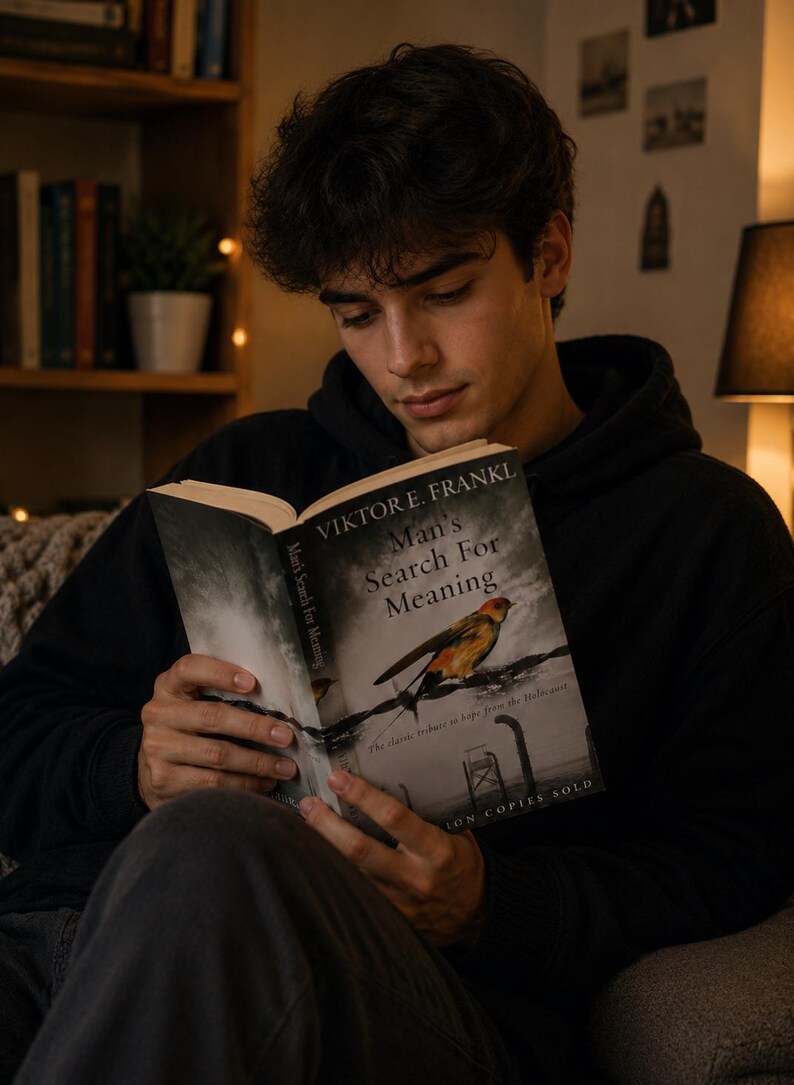 May include: A person reading a book titled "Man's Search For Meaning" by Viktor E. Frankl. The book cover features a bird perched on a wire. The text "The classic tribute to hope from the Holocaust" is also visible.