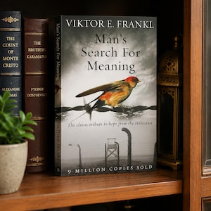 May include: A hardcover book titled "Man's Search For Meaning" by Viktor E. Frankl, with a bird illustration on the cover. The book is displayed on a wooden bookshelf with other books and a small plant. The text "9 MILLION COPIES SOLD" is visible.