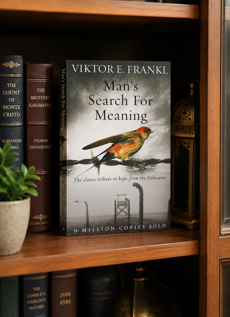 May include: A hardcover book titled "Man's Search For Meaning" by Viktor E. Frankl, with a bird illustration on the cover. The book is displayed on a wooden bookshelf with other books and a small plant. The text "9 MILLION COPIES SOLD" is visible.