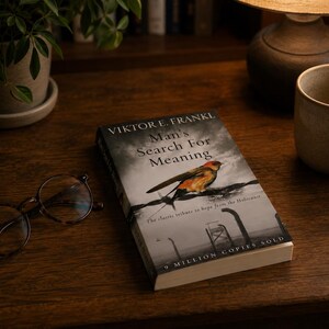 May include: A hardcover book titled "Man's Search For Meaning" by Viktor E. Frankl, featuring a bird illustration. The book is on a wooden surface next to a pair of eyeglasses and a coffee mug. The text "9 MILLION COPIES SOLD" is visible.
