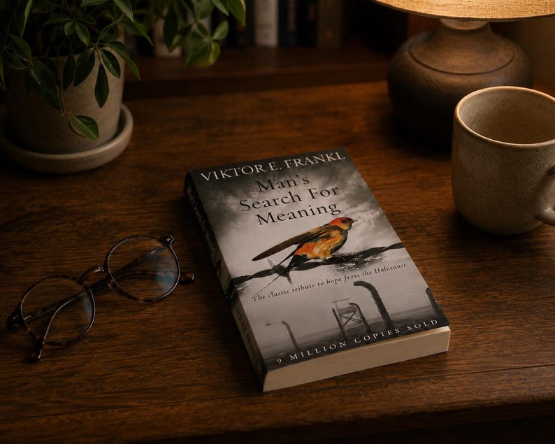 May include: A hardcover book titled "Man's Search For Meaning" by Viktor E. Frankl, featuring a bird illustration. The book is on a wooden surface next to a pair of eyeglasses and a coffee mug. The text "9 MILLION COPIES SOLD" is visible.