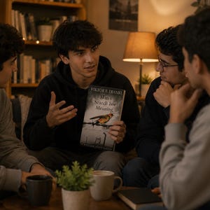 May include: A group of four people are gathered, with one holding a book titled "Man's Search for Meaning" by Viktor E. Frankl. The book cover features a bird illustration. The scene is set indoors with a bookshelf and a lamp.