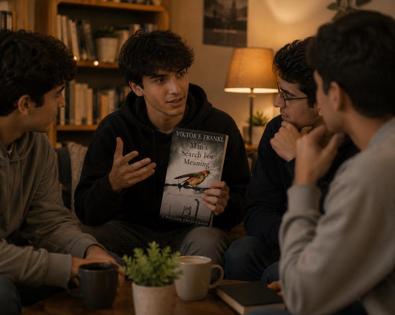 May include: A group of four people are gathered, with one holding a book titled "Man's Search for Meaning" by Viktor E. Frankl. The book cover features a bird illustration. The scene is set indoors with a bookshelf and a lamp.