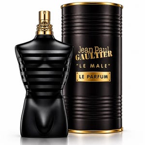 May include: A black torso-shaped perfume bottle with horizontal stripes and a gold atomizer, accompanied by a matching cylindrical black tin container featuring the gold text Jean Paul Gaultier Le Male Le Parfum.