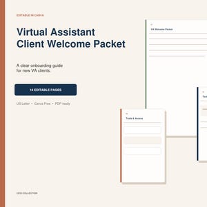 Puede incluir: Una plantilla de paquete de bienvenida para clientes de asistente virtual con 14 páginas editables. El documento incluye secciones tituladas VA Welcome Packet, Task Submission y Tools & Access. Diseño sobre fondo crema con texto azul oscuro.