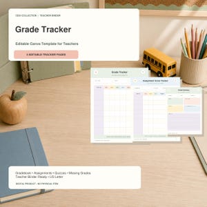 Planilha de acompanhamento de notas, boletim de notas editável para alunos e registro de tarefas para professores no Canva.