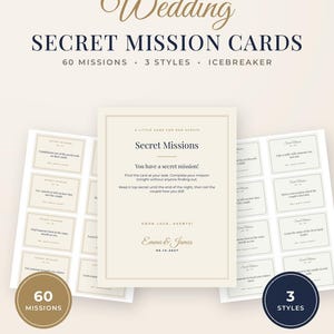 May include: A set of printable wedding secret mission cards featuring 60 unique missions across 3 styles. The cards are cream-coloured with dark text, including the names Emma & James and the date 06.14.2027. The design is editable in Canva.