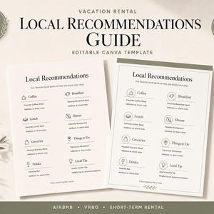 May include: Two editable Canva templates for a vacation rental local recommendations guide. The documents feature sections for coffee, breakfast, lunch, dinner, groceries, things to do, drinks, and local tips with icons and placeholder text lines.