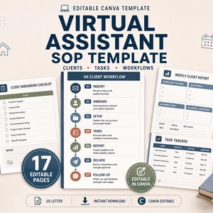 May include: An editable Canva template for a Virtual Assistant SOP featuring 17 pages. The document includes a client onboarding checklist, a VA client workflow, a weekly client report, and a task tracker, all presented in a professional layout.