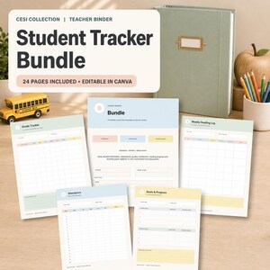 Könnte beinhalten: Ein Schüler-Tracker-Paket mit 24 bearbeitbaren Seiten für Lehrkräfte. Das Set enthält Vorlagen für Notenverfolgung, Anwesenheit, wöchentliche Leseprotokolle und Ziele. Die Dokumente zeichnen sich durch pastellfarbene Akzente und klare Überschriften aus.