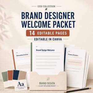 May include: A brand designer welcome packet with 14 editable pages for Canva. The document features text including CESI COLLECTION, BRAND DESIGNER WELCOME PACKET, 14 EDITABLE PAGES, and various section headers like Deliverables Overview and Creative Direction.