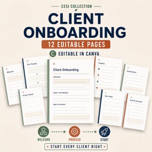 Puede incluir: Un conjunto de plantillas digitales de incorporación de clientes con 12 páginas editables con encabezados como Welcome, Our Process, Project Details, Timeline, Expectations, Next Steps y Submit Checklist. El diseño utiliza una paleta de colores neutros.