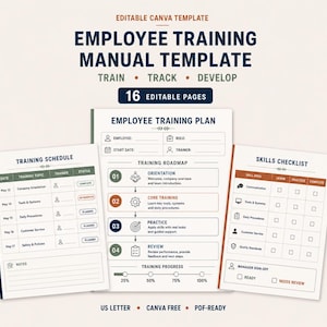 Könnte beinhalten: Eine bearbeitbare Canva-Vorlage für ein Mitarbeiterschulungshandbuch mit 16 Seiten. Das Dokument enthält einen Schulungsplan, einen Trainingsplan mit Roadmap sowie eine Kompetenz-Checkliste für Kommunikation, Tools und Verfahren.