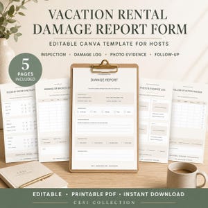 May include: A vacation rental damage report form template set featuring five pages including a room-by-room checklist, missing or broken items log, damage report, photo evidence log, and follow-up action tracker, displayed on a clipboard.