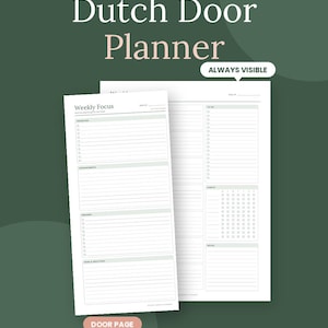 Puede incluir: Un planificador Dutch Door imprimible sin fecha con páginas blancas, texto y líneas negras. El diseño incluye secciones para enfoque semanal, prioridades, citas, recados y gratitud, junto con una página secundaria para tareas y notas.