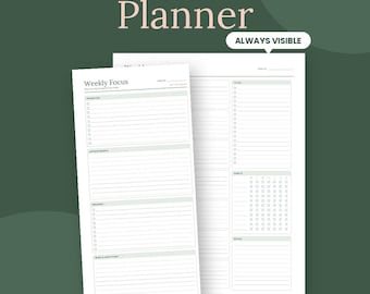 May include: An undated printable Dutch Door planner featuring white pages with black text and lines. The layout includes sections for Weekly Focus, Priorities, Appointments, Errands, and Gratitude, with a secondary page for To-Do lists, habits, and notes.