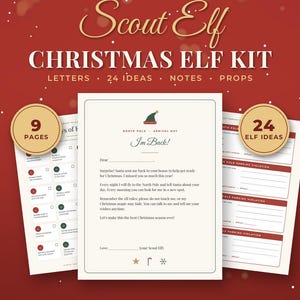 May include: A Scout Elf Christmas Elf Kit featuring 9 pages of letters, 24 ideas, notes, and props. The kit includes a North Pole arrival letter, a checklist of elf activities, and North Pole parking violation slips on cream paper with red and green text.