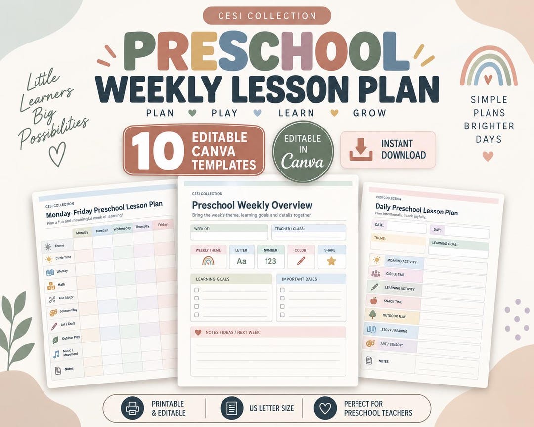 Preschool Weekly Lesson Plan Template, Editable Canva Pre-k Planner ...