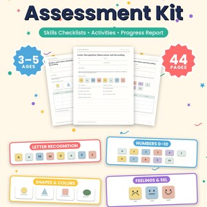 Op de afbeelding: Een voorschoolse beoordelingsset met 44 pagina's aan printbare vaardigheidschecklists, activiteiten en voortgangsrapporten voor kinderen van 3-5 jaar. Het bevat letterherkenning, cijfers 0-10, vormen, kleuren en gevoelens in PDF-formaat.