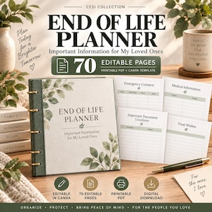 Könnte beinhalten: Ein physischer Ordner mit dem Titel End of Life Planner, grünem Buchrücken und botanischem Cover. Er enthält 70 bearbeitbare Seiten, druckbare PDF- und Canva-Vorlagen für Notfallkontakte, medizinische Daten und letzte Wünsche.