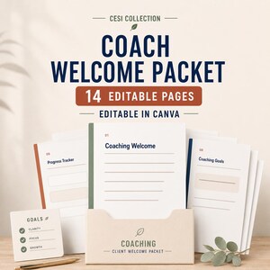 Puede incluir: Un conjunto de plantillas de paquete de bienvenida para coach con 14 páginas editables. El diseño incluye el texto Cesi Collection, Coach Welcome Packet, 14 Editable Pages, Editable in Canva, Coaching y Client Welcome Packet con listas.