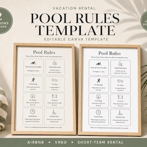 May include: Two framed pool rules signs featuring black text and icons on a white background. The signs list rules such as Swim at Your Own Risk, No Running, No Diving, and Quiet Hours, with corresponding graphics for each rule in a grid layout.