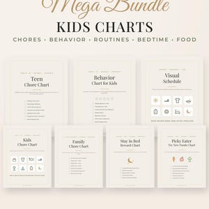 May include: A digital mega bundle of 7 printable kids charts totaling 57 pages, featuring titles like Teen Chore Chart, Behavior Chart for Kids, Visual Schedule, Family Chore Chart, Stay in Bed Reward Chart, and Picky Eater Try New Foods Chart.