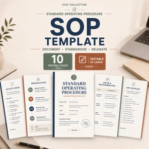 May include: A digital SOP template document set featuring 10 editable pages. The layout includes sections for quality checks, process steps, roles and responsibilities, and a checklist. Text includes Cesi Collection, SOP Template, and Editable in Canva.