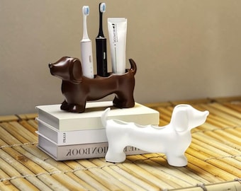 Organizzatore da bagno a forma di bassotto, porta spazzolino da denti a forma di cane salsiccia, porta penne da scrivania, porta pennelli per il trucco, regalo per amanti dei bassotti, 3 colori