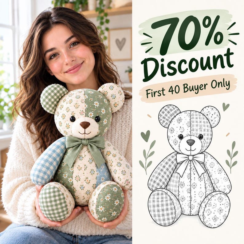 May include: A patchwork teddy bear featuring sage green and light blue fabric panels with floral and gingham patterns, accented by a solid sage green ribbon bow at the neck, alongside a black and white line art illustration of the same bear.