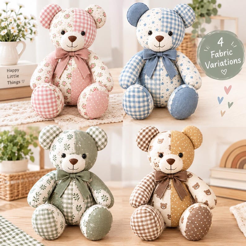 May include: Four plush teddy bears featuring patchwork designs in pink, blue, sage green, and brown color palettes. Each bear has a matching fabric bow at the neck and a mix of gingham, floral, star, and bear-patterned fabric panels throughout.