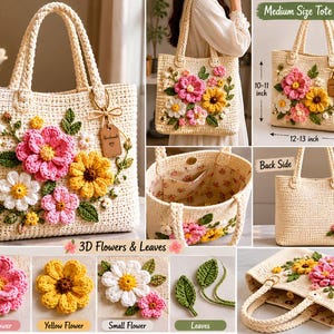 Può includere: Una borsa tote all'uncinetto color crema con fiori 3D rosa e gialli e foglie verdi. La borsa misura 30-33 cm di larghezza, 25-28 cm di altezza e 10-13 cm di profondità. Include un interno foderato con una tasca e un'etichetta marrone.