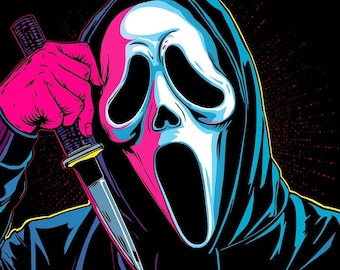 Lámina artística Neon Ghostface: máscara de estilo retro de terror pop con cuchillo.