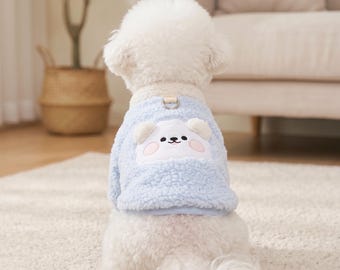 Cute Dog Sweater Jacket for Small Dogs, Kawaii Puppy Outfit, Warm Winter Pet Clothes, Blue Dog Coat, Teddy Bear Dog Apparel