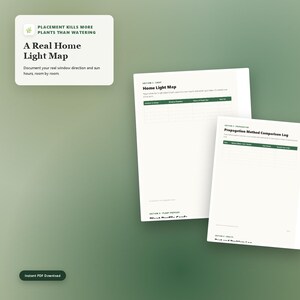 Puede incluir: Un planificador digital de cuidado de plantas con una tarjeta blanca que incluye el texto Placement Kills More Plants Than Watering y A Real Home Light Map. Dos páginas blancas adicionales muestran tablas para el mapa de luz y el registro de propagación.