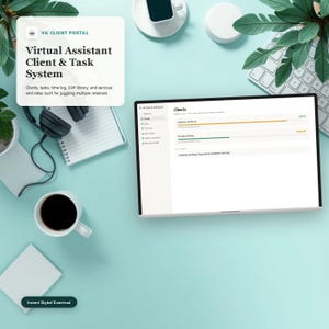 May include: A digital interface for a Virtual Assistant Client & Task System displayed on a laptop screen, featuring a client management dashboard with progress bars, alongside a notepad, headphones, and a coffee mug on a light blue surface.