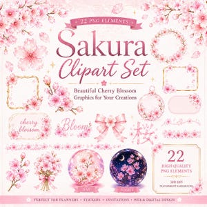 Puede incluir: Un conjunto de imágenes prediseñadas digitales con ilustraciones de acuarela de flores de cerezo. El conjunto incluye varios elementos como arreglos florales, marcos y acentos decorativos. El texto "Sakura Clipart Set" se muestra de forma destacada.
