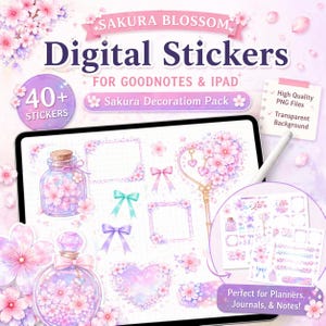 May include: Digital stickers for Goodnotes and iPad featuring a Sakura Blossom theme. The image shows over 40 stickers with floral designs, including frames, bows, and decorative elements. High-quality PNG files with a transparent background are included.