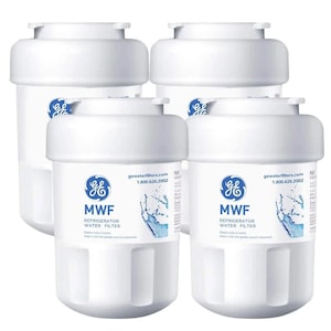 May include: Four white GE MWF refrigerator water filters. Each filter has a cylindrical body with a rounded top and bottom. The filters have a blue and white label with the GE logo, the text "MWF REFRIGERATOR WATER FILTER", and the website address.