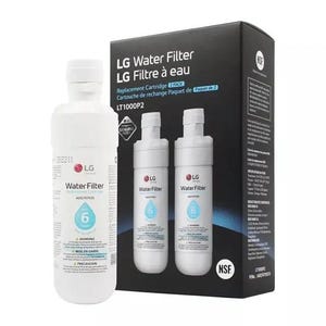 May include: A white LG water filter and a black box with two replacement cartridges. The filter has a blue number 6 and the words "Water Filter". The box reads "LG Water Filter" and "Replacement Cartridge".