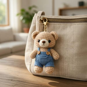 Puede incluir: Un llavero de oso de peluche tejido a ganchillo en color beige y azul. El oso tiene un cuerpo marrón claro, un hocico blanco y ojos negros. Lleva un peto azul con botones de madera. El llavero está sujeto a un bolso beige con cremallera dorada.