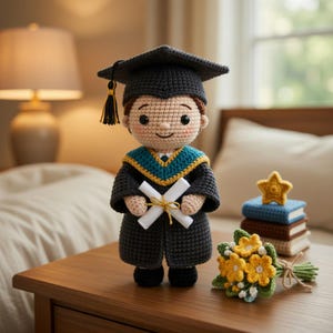 May include: A crocheted graduation doll in a black cap and gown with a blue and gold stole, holding a diploma tied with gold ribbon. A bouquet of yellow flowers and a stack of books with a star are nearby.