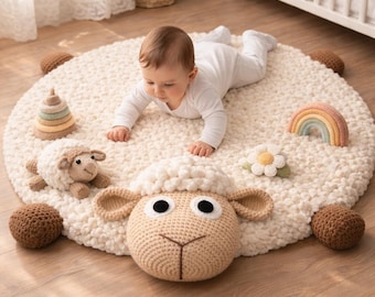 Handmade Crochet Sheep Baby Play Mat, Soft Nursery Rug, Tummy Time Floor Mat