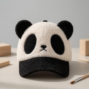 Può includere: Un cappellino da baseball panda bianco e nero. Il cappellino presenta una texture soffice, dettagli neri sulle orecchie e una visiera nera. Il viso del panda è dettagliato con occhi neri e un piccolo naso nero ricamato.