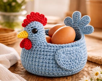 Crochet Chicken Egg Basket, Handmade Hen Holder, Farmhouse Kitchen Decor, Cottagecore Storage