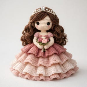 Könnte beinhalten: Handgefertigte Häkelpuppe im Prinzessinnen-Design. Die Puppe hat braune Locken, eine Schmuckkrone und ein rosa Rüschenkleid. Sie hält einen kleinen Strauß rosa Rosen. Die Puppe ist etwa 20 cm groß.