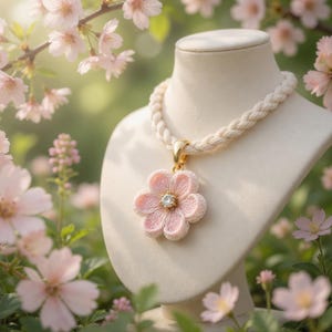 May include: A light pink flower pendant necklace with a white braided rope chain. The flower pendant has a small, clear gem in the center. The necklace is displayed on a white mannequin bust, surrounded by pink flowers.