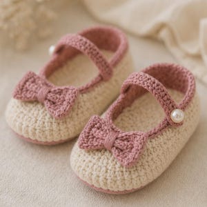 Puede incluir: Un par de zapatos de bebé hechos a mano. Los zapatos están tejidos a ganchillo en color crema con detalles en rosa, incluyendo una correa, un lazo y un ribete. Un botón de perla adorna la correa.